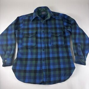 VTG Pendleton Shirt Mens Large Long Blue Green Plaid Flannel Wool Button USA 90s